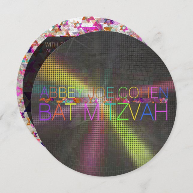 Invitation PixDezines psychedelic stars/neon/bat mitzvah (Devant / Derrière)