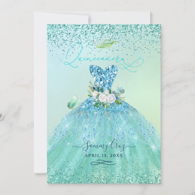 Invitation PixDezines Quinceanera Aqua Gown Parties scintilla (Devant)