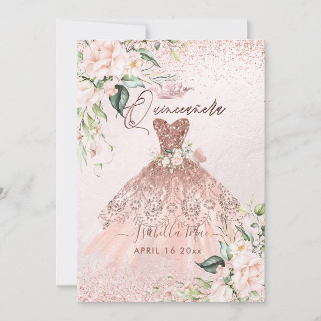 Invitation PixDezines Quinceanera Blush Rose-Rose Gold Gown (Devant)