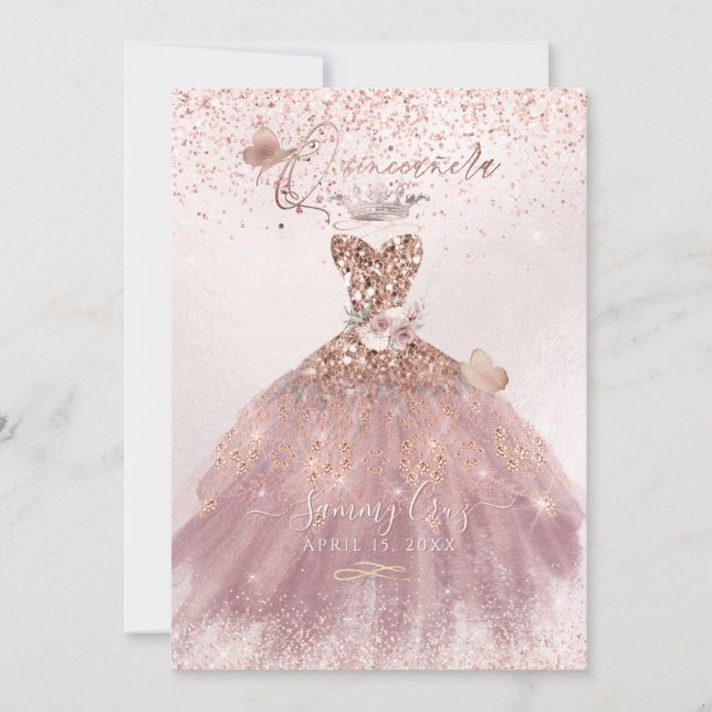 Invitation PixDezines Quinceanera Dusty Rose Parties scintill (Devant)