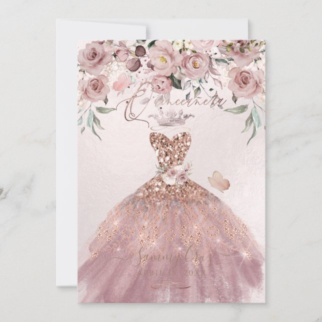 Invitation PixDezines Quinceanera Dusty Rose Parties scintill (Devant)
