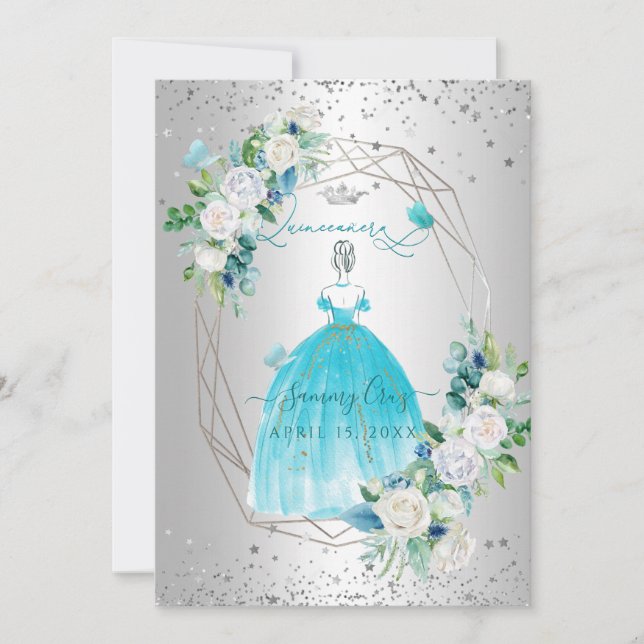 Invitation PixDezines Quinceanera H2 Fleurs Aqua Robe Bleue (Devant)