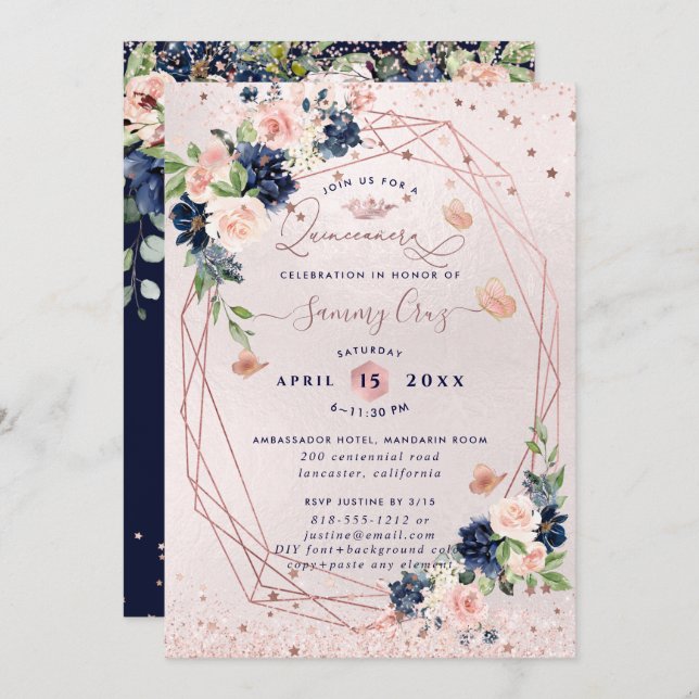 Invitation PixDezines Quinceanera H2 Fleurs Blush Navy (Devant / Derrière)