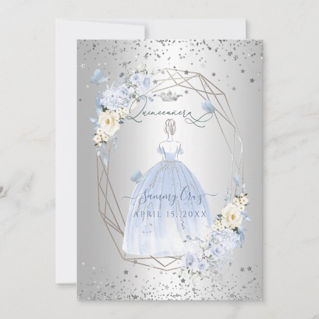 Invitation PixDezines Quinceanera H2 Fleurs Dusty Blue Roses (Devant)