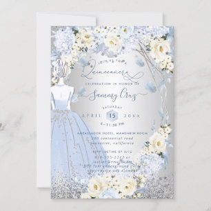 Invitation PixDezines Quinceanera H2 Fleurs Dusty Blue Roses