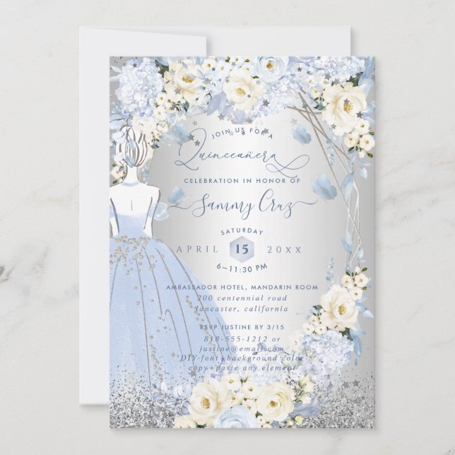 Invitation PixDezines Quinceanera H2 Fleurs Roses Bleu Poussi (Devant)