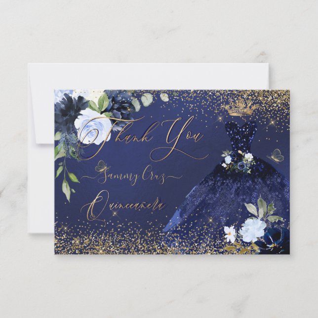 Invitation PixDezines Quinceanera Merci Marine Blue Gold (Devant)