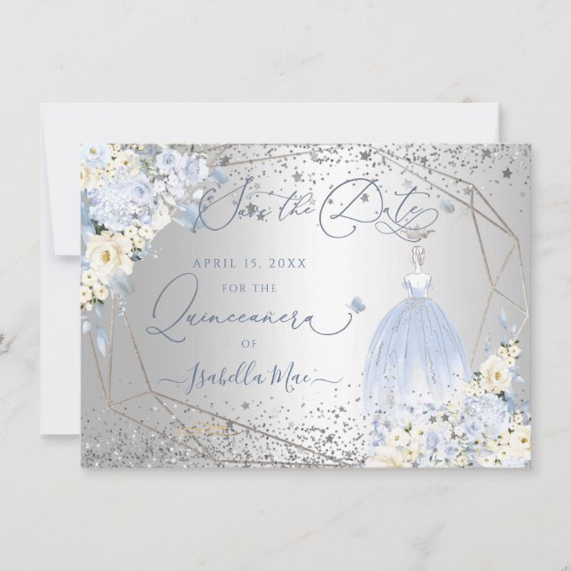 Invitation PixDezines Quinceanera Robe Bleue Dusty Date de sa (Devant)