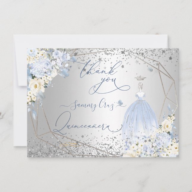 Invitation PixDezines Quinceanera Robe bleue Dusty Merci (Devant)