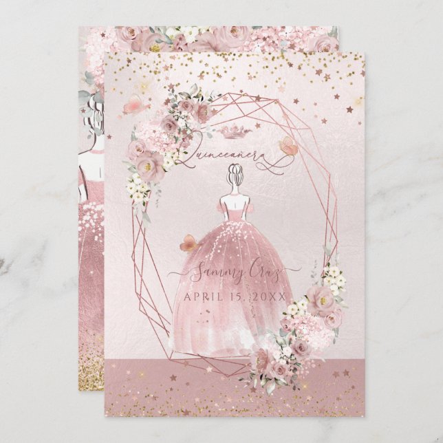 Invitation PixDezines Quinceanera Rose Gold H2 Fleurs Dusty (Devant / Derrière)