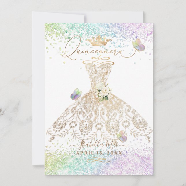 Invitation PixDezines Quinceanera White Gold Gown Papillons (Devant)