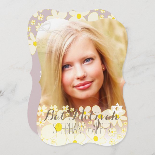 Invitation PixDezines Retro DaisiesPhoto/Bat mitzvah (Devant / Derrière)