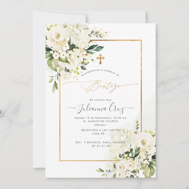 Invitation PixDezines Rosas Crema y Hortensias Bautizo (Devant)