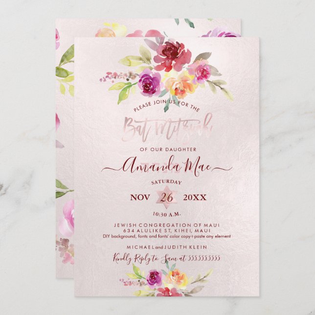 Invitation PixDezines Rose d'été Bat mitzvah aquarelle (Devant / Derrière)