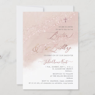 Invitation PixDezines Rose Gold Baptême + 1er Anniversaire