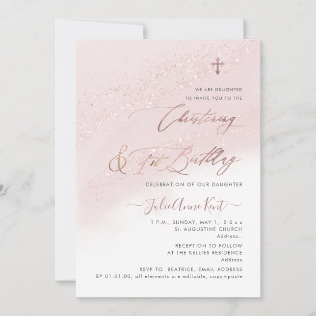 Invitation PixDezines Rose Gold Christening+1er anniversaire (Devant)