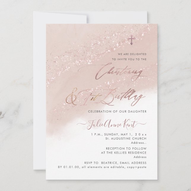 Invitation PixDezines Rose Gold Christening+1er anniversaire (Devant)