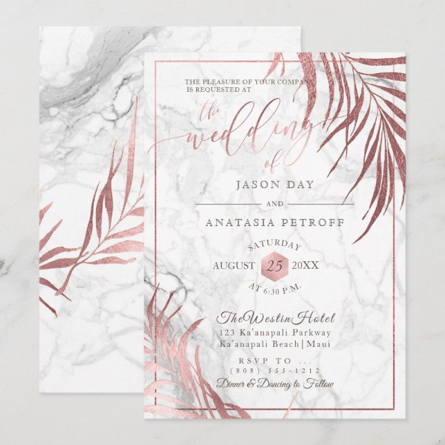 Invitation PixDezines Rose Gold Palm Fronds+Honeypeb (Devant / Derrière)