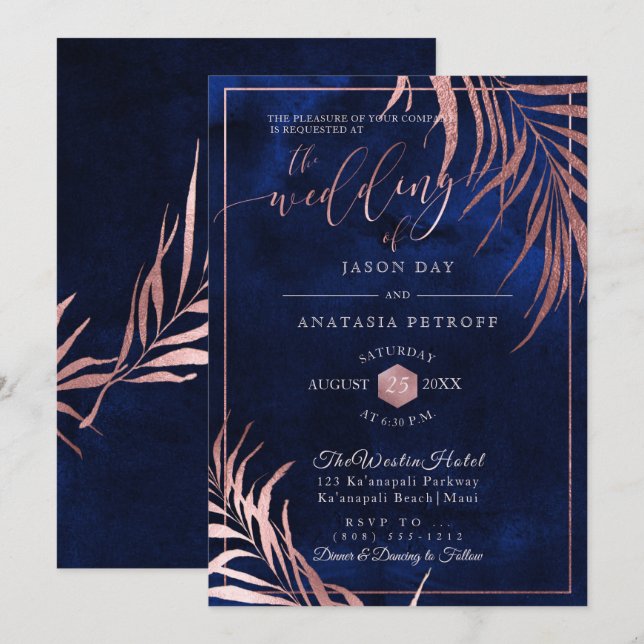 Invitation PixDezines Rose Gold Palmiers+H2O Navy (Devant / Derrière)
