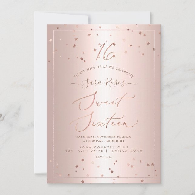Invitation PixDezines Rose Gold Stars Sweet Seize (Devant)