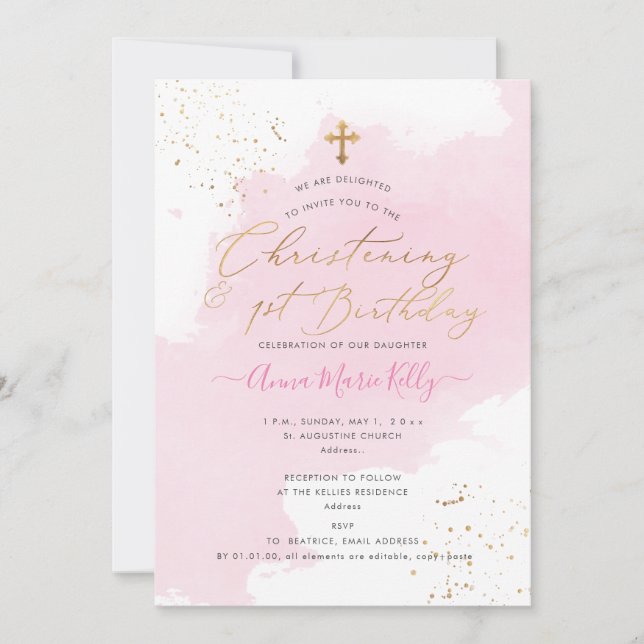 Invitation PixDezines Rose H2 Christening+1er Anniversaire (Devant)