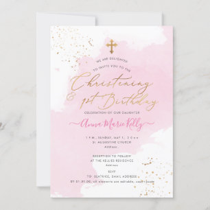 Invitation PixDezines Rose H2 Christening+1er Anniversaire