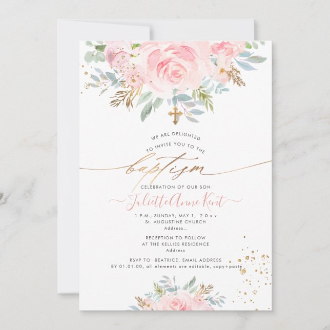 Invitation PixDezines Roses Aquarelles Rose Baptême (Devant)