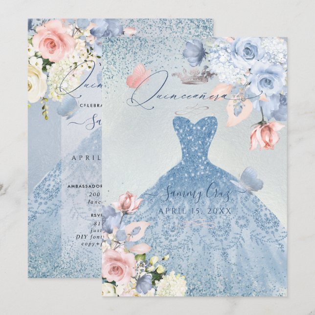 Invitation PixDezines Roses Bleu Poussiéreux Quinceanera Invi (Devant / Derrière)