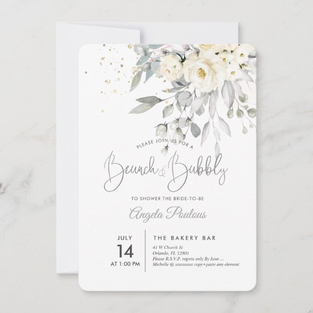 Invitation PixDezines Roses Crème Eucalyptus Brunch+Bubbly (Devant)