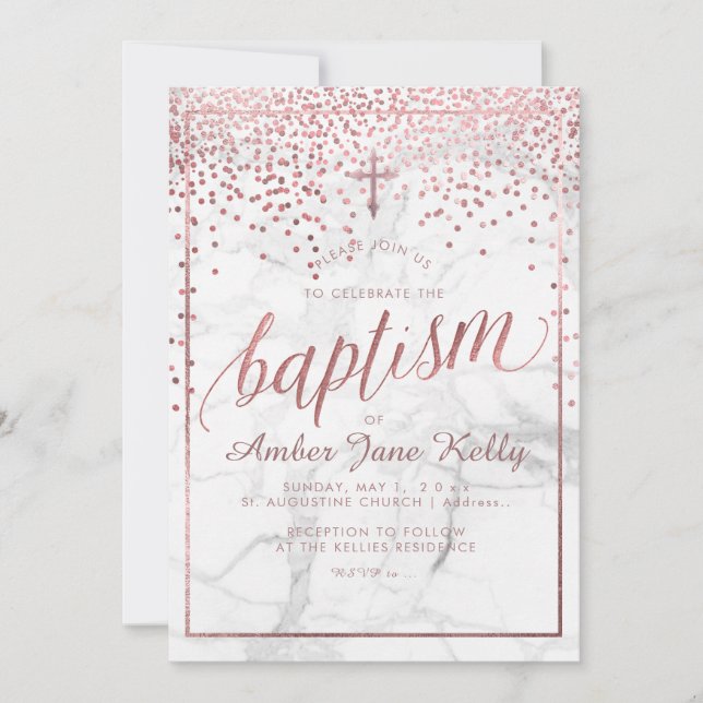 Invitation PixDezines Roses de marbre+Faux points d'or/Baptêm (Devant)