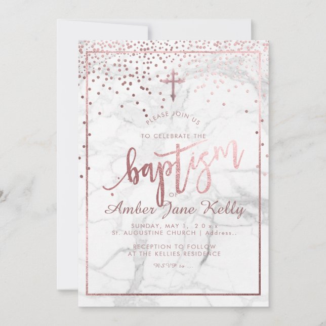 Invitation PixDezines Roses de marbre+Faux points d'or/Baptêm (Devant)