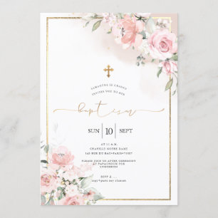Invitation PixDezines Roses Dusty, Baptême Rustique
