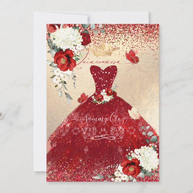Invitation PixDezines Roses Rouges Quinceanera Dress Invitati (Devant)
