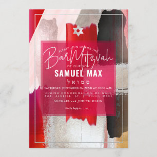 Invitation PixDezines Rouge noir Aquarelle Barre Mitzvah