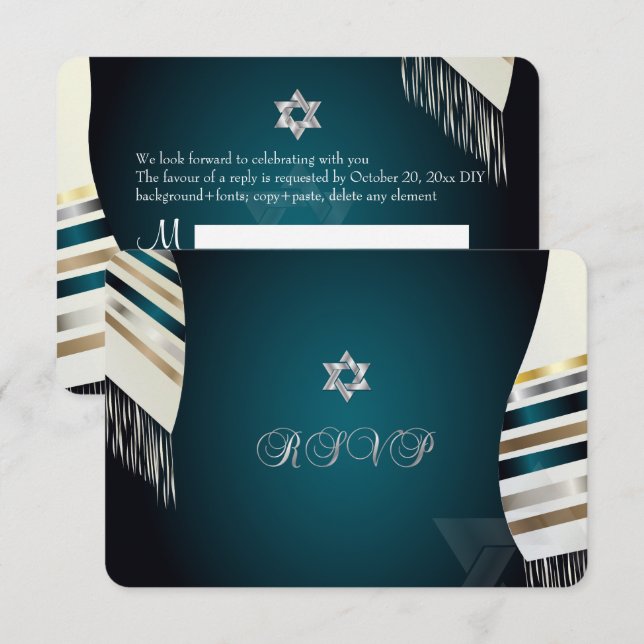 Invitation PixDezines RSVP Mitzvah/tallit turquoise/arrière - (Devant / Derrière)