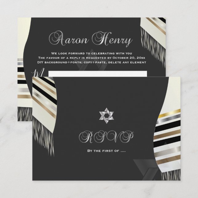 Invitation PixDezines RSVP noir blanc Tallit Mitzvah (Devant / Derrière)