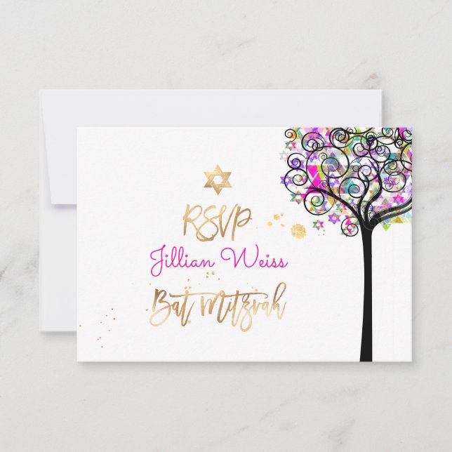 Invitation PixDezines RSVP Tree of Life/Neon Bat mitzvah ✡ (Devant)
