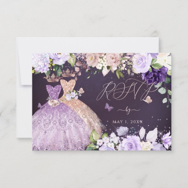 Invitation PixDezines RSVP Twins Quinceanera Rose Gold Lilac (Devant)