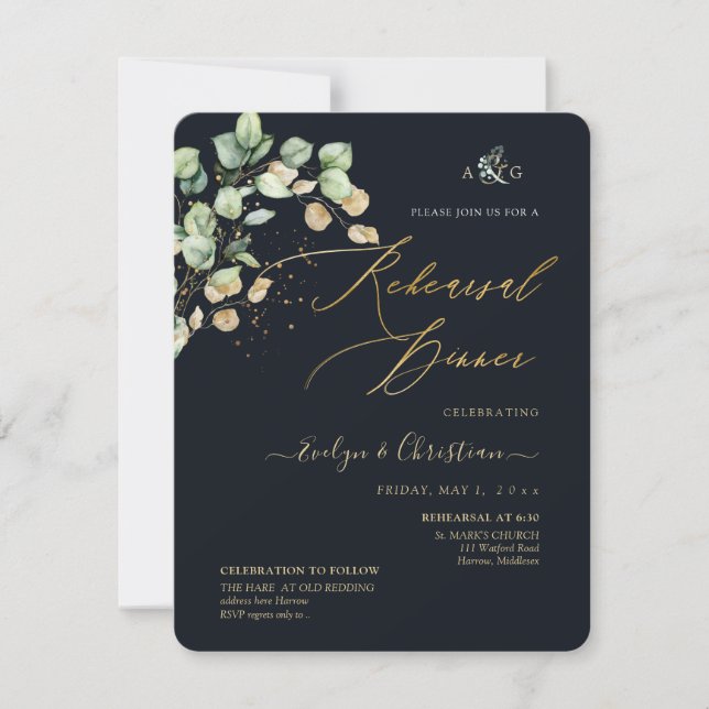 Invitation PixDezines Rustique Dollar Eucalyptus Navy et Or  (Devant)