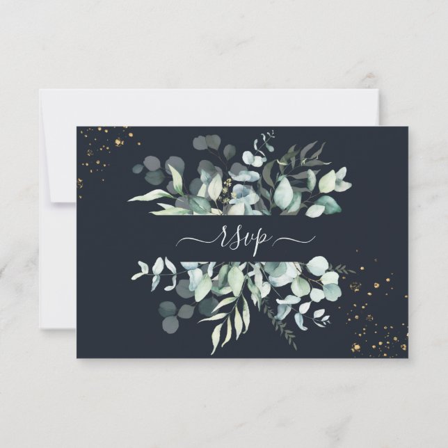 Invitation PixDezines Rustique Eucalyptus Navy n Gold RSVP (Dos)