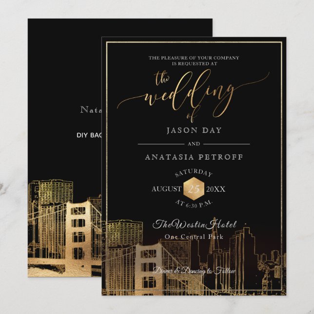 Invitation PixDezines San Fran Skyline/Faux Or/DIY (Devant / Derrière)