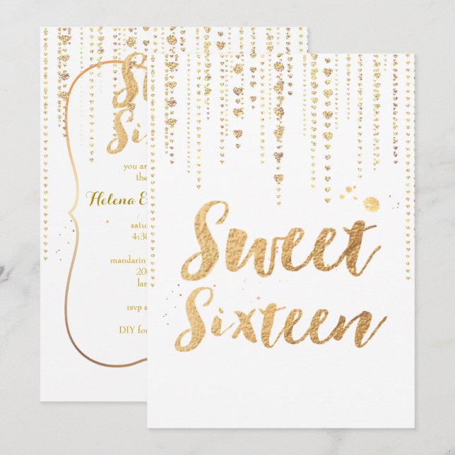 Invitation PixDezines sweet 16, cœurs dorés ficelles paillett (Devant / Derrière)