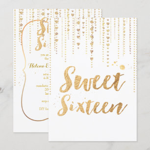 Invitation PixDezines sweet 16, cœurs dorés ficelles paillett