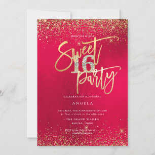Invitation PixDezines Sweet 16 Diamant Rouge Or Pailleté