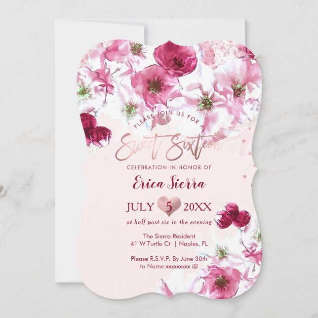 Invitation PixDezines Sweet 16 fleurs de cerisier foncé (Devant)