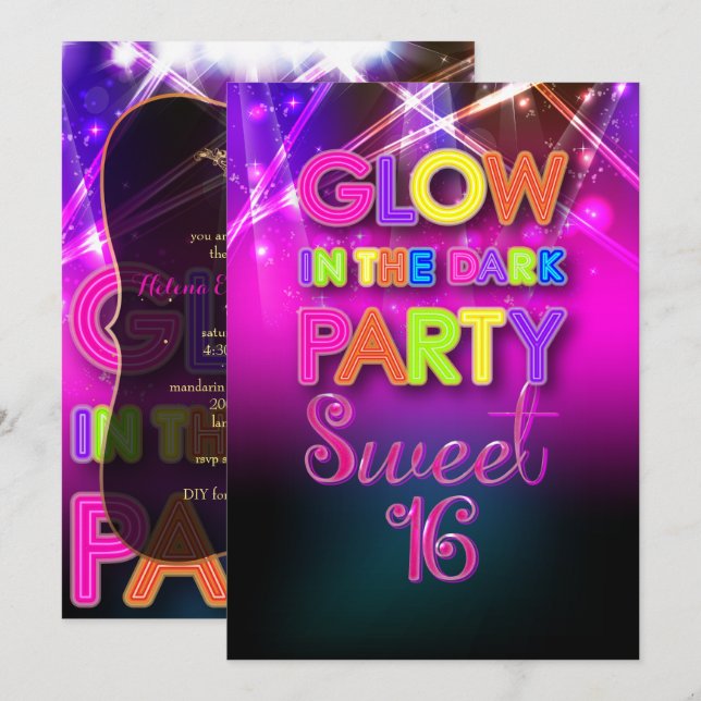 Invitation PixDezines Sweet 16, Laser Lights/Glow Party (Devant / Derrière)