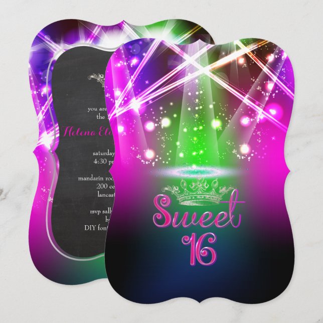 Invitation PixDezines Sweet 16, lumières laser/lumières néon (Devant / Derrière)