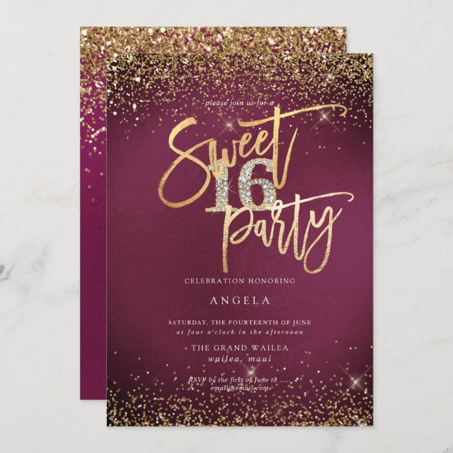Invitation PixDezines Sweet 16 Parties scintillant Diamond Sa (Devant / Derrière)