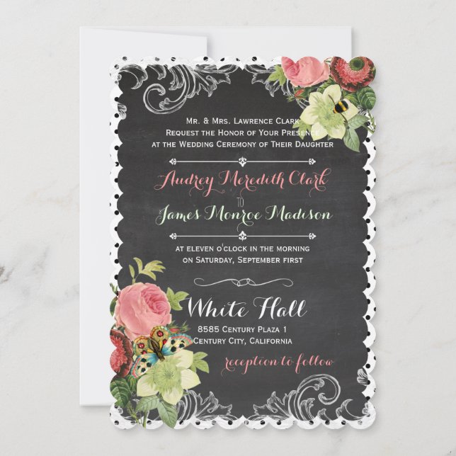 Invitation PixDezines tableau noir/rococo/roses vintages (Dos)