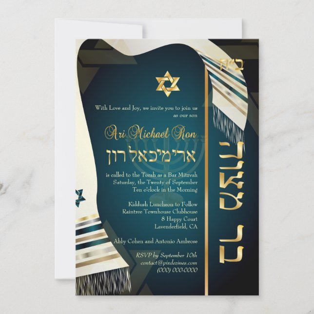 Invitation PixDezines tallit Bar Mitzvah/dark teal blue/gold (Devant)